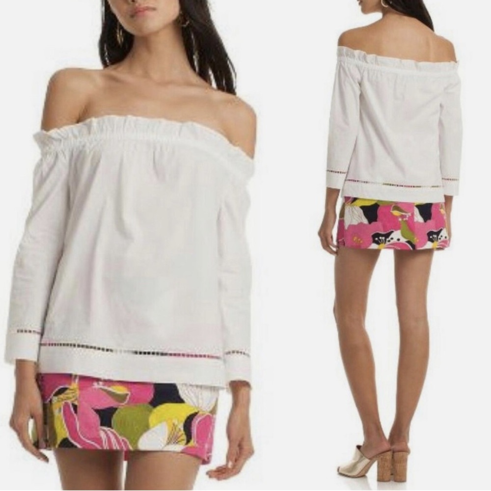 •TRINA TURK• White Cotton Hanalei Ruffle Off Shoulder Lattice Detail Blouse XS